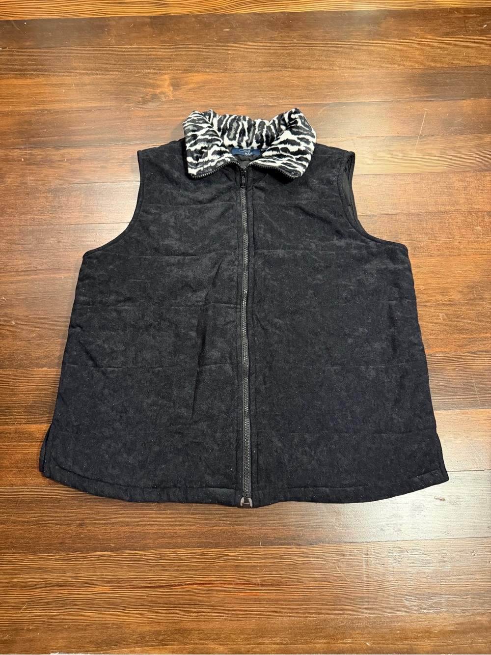 RAG Black Faux Suede Vest Leopard Print Faux Fur Collar Vintage Size L